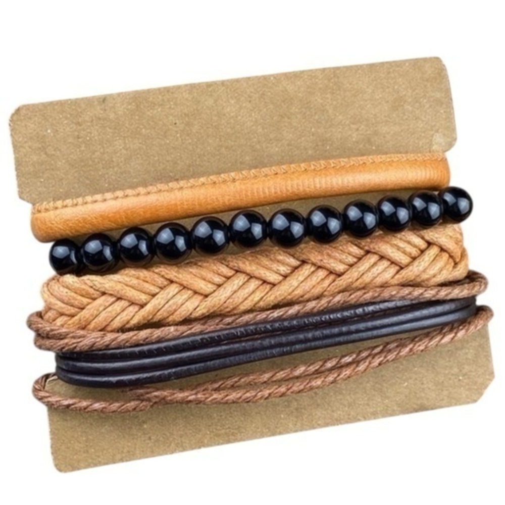Mens‎ Bracelets Bundle Adjustable Leather and Hemp Onyx Stone Beads